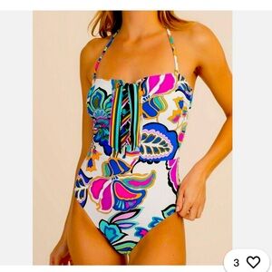 Trina Turk Swimsuit 1 one piece Size 12 Bandeau Bow Tie‎ Floral MANDALAY